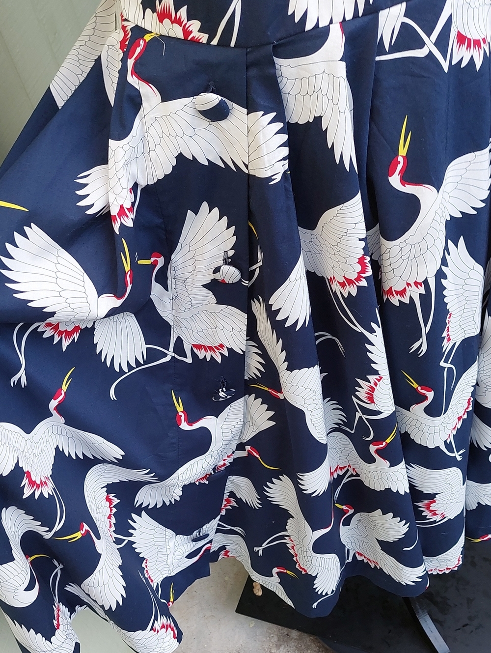 Unique Vintage Halter Crane Button Navy White Midi Dress Sz L - Picture 9 of 15